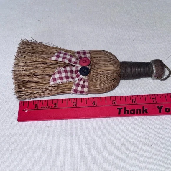 Vintage Whisk Broom Primitive USA Burgundy Check Ribbon Holiday Decor - Picture 11 of 16